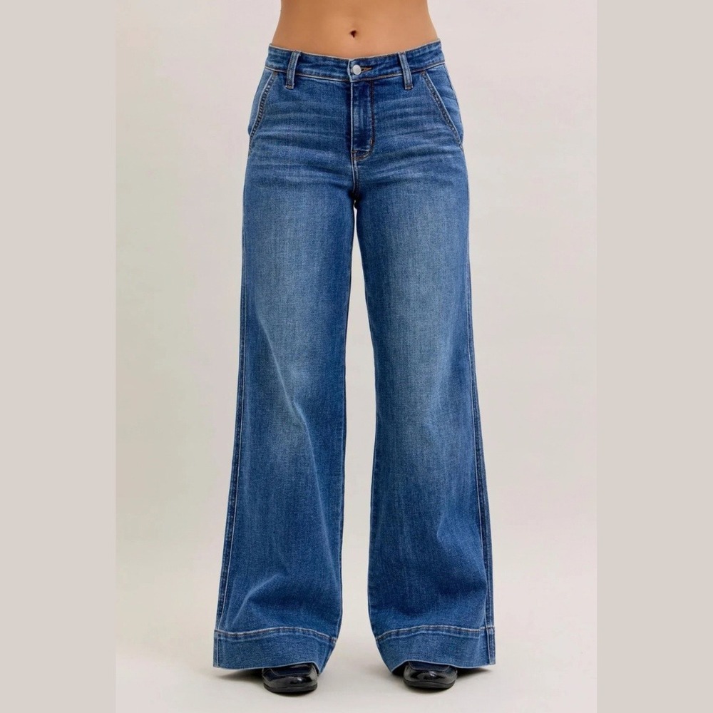 Judy Blue Jeans Retro Wide Leg Denim Women 3/26 Petite Stretch Flare Boho HIppie
